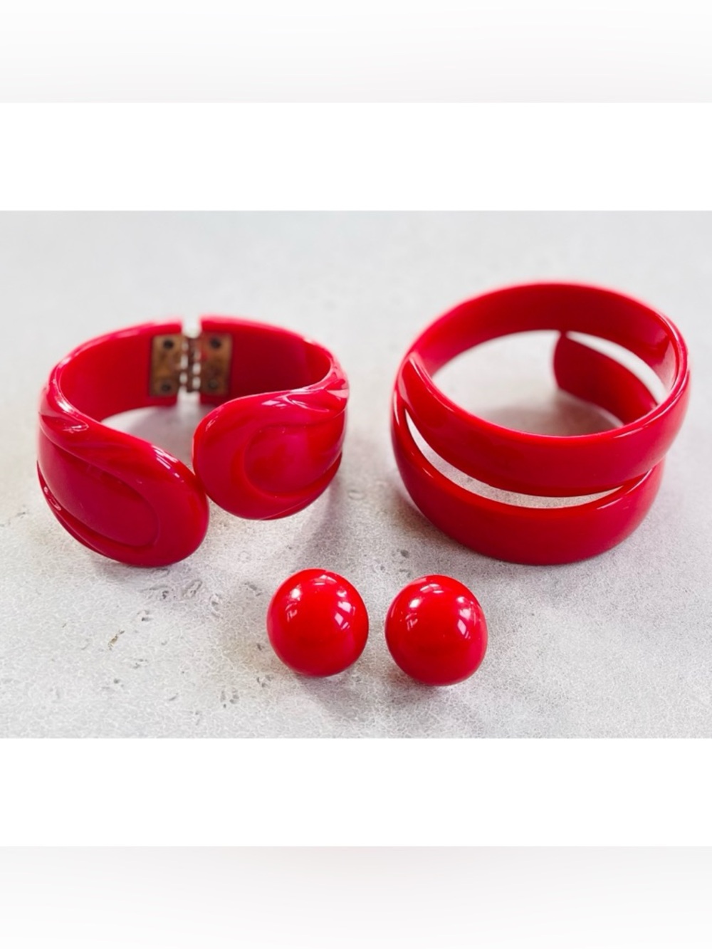 Vintage Retro Red Lucite Acrylic Trio- 2 Bangles & 1 Pair of Dome Earrings Set